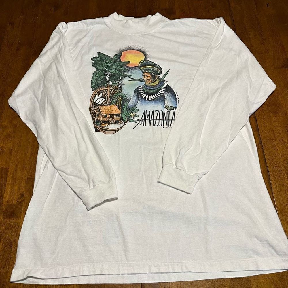 Vintage Amazonian Native Art Graphic Print Long Sleeve Men’s Shirt Moc Neck Sz L